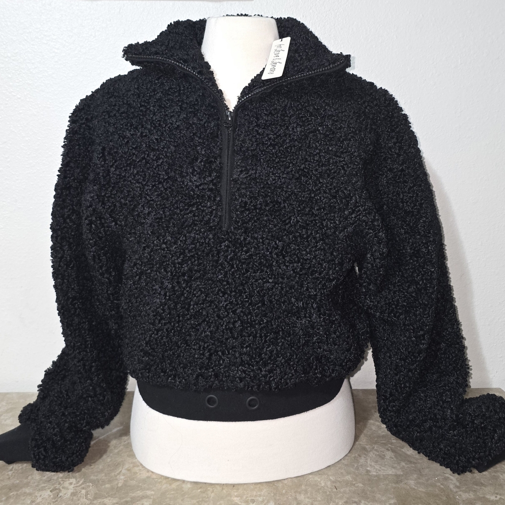 For Love And Lemons Black 1/3rd Zip Cropped Sherpa Pullover Sweater Size Med NWT